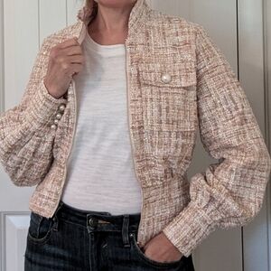 NWT tweed jacket pink bolero cropped zip up jacket women's XS anthro brand